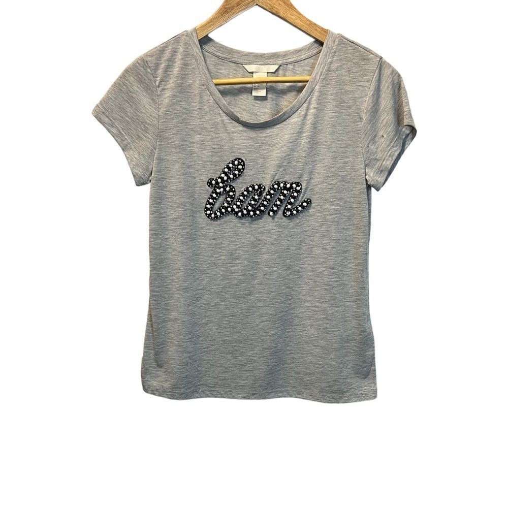 NWOT H&M Grey Beaded “Bam” Graphic Short Sleeve Crew Neck Short Sleeve Top S